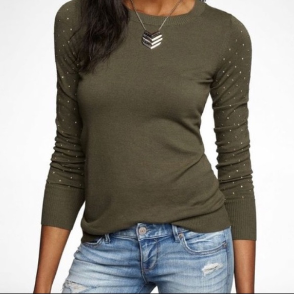 Express Olive Green Long Sleeve Studded Sweater